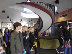 A white room with a helical staircae